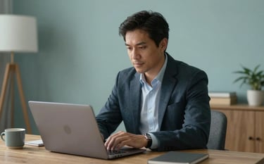 A North American professional in a sophisticated yet approachable home setting, using a sleek laptop. The environment is uncluttered and well-lit with soft teal accents, conveying a sense of personal financial ease.