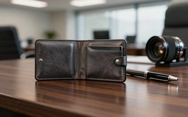 Close-up of a high-quality leather folder and professional pen on a polished mahogany desk in a North American corporate office. Sophisticated lighting with soft focus on a modern background.