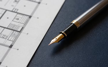 A close-up photograph of architectural plans and a classic fountain pen resting on a charcoal navy leather surface. The lighting is focused and warm, highlighting textures that suggest reliability and decades of experience.