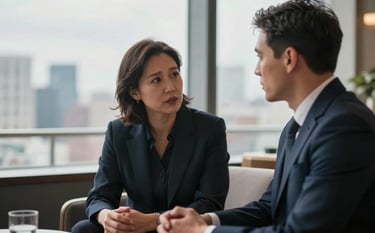 Two professionals engaged in a serious but inviting conversation in a sophisticated lounge. Out-of-focus city view through large windows, with sky grey and charcoal navy color tones in their attire.