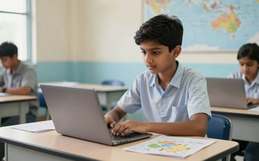 A student at a bright desk in a South Asian / Indian education center, looking at a laptop and a map of Australia. The room is decorated with light blue and off-white accents, conveying an aspirational mood.