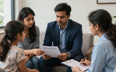 A professional advisor meeting a family in a South Asian / Indian consultancy office. They are reviewing migration documents together. Dark blue and light blue palette.