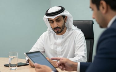 A close-up photographic shot of a professional strategic consultation meeting in a Middle Eastern / Gulf boardroom. Two experts are discussing a plan on a sleek tablet device. The lighting is bright and professional, with brand colors of dark navy and soft teal integrated into the office decor.