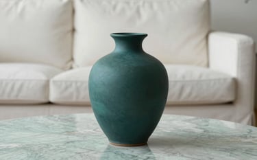 A minimalist living room scene featuring a matte ceramic vase in deep forest teal on a soft seafoam mist marble table. In the background, a pristine pearl white linen sofa is visible under soft, diffused lighting. The mood is tranquil and sophisticated, emphasizing quality over quantity.