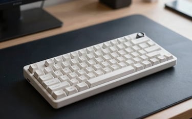 A close-up, high-angle photograph of a sleek, minimalist mechanical keyboard in pristine pearl white resting on a dark night navy desk mat. Soft, natural light from a window creates gentle shadows, highlighting the clean lines and premium texture. The composition is uncluttered, reflecting a modern workspace.