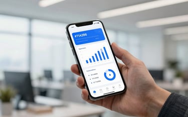 A close-up shot of a professional hand holding a sleek smartphone in a modern, bright office space. The screen displays a custom-designed mobile application with interactive data charts using the color #71A2B6. The composition is clean and forward-thinking, emphasizing cutting-edge design and user experience.