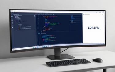 A high-angle shot of a modern, clean programmer workstation featuring a large curved monitor displaying complex software code and system architecture diagrams. The lighting is professional and minimalist, incorporating the brand colors #1A2E35 and #EDF2F4. The overall mood is one of sophisticated technical expertise.