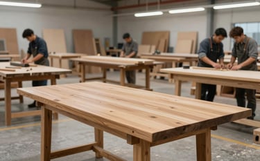 A clean, bright North American woodworking facility showing skilled craftsmen at work. In the foreground, a beautifully finished solid oak table reflects soft light. The space is professional, organized, and sophisticated with warm wood tones and grey accents.