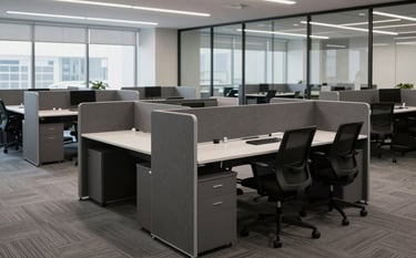 A contemporary North American corporate office space featuring ergonomic modular workstations. The design utilizes dark grey furniture and glass partitions, emphasizing a professional and productive environment with clean lines.