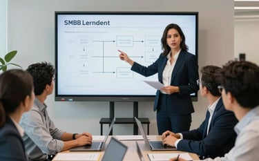 Photography of a modern workplace training session in a clean Latin American and Spanish SMB office setting. A professional female manager is explaining a workflow structure to her team with a smart display. Inspiring, professional, and clear growth aesthetic.