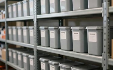 Professional photography of an organized and modern stockroom in a Latin American and Spanish SMB setting. Clean steel shelving with neatly labeled containers. Warm natural lighting creates an efficient and reliable operational scene with soft slate grey tones.