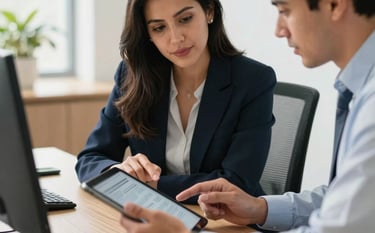 Clean and bright photography of an office desk where a consultant and a business owner review processes on a tablet. Professional and cooperative mood reflecting Latin American and Spanish SMB market, with natural light and a structured workspace.