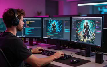 A professional game designer in a North American / US tech workspace, working at a workstation with multiple monitors. The screens display character code and fantasy art. The environment is dark with vibrant electric magenta and digital cyan highlights. High-end professional photography.