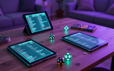 A detailed photograph of a tabletop roleplaying game setup in a North American / US living room. Digital tablets showing NPC stats are placed next to glowing d20 dice. The scene is illuminated by neon violet and aqua ambient lighting. Sharp depth of field.
