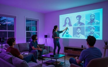 A wide-angle professional photograph of a storyteller in a North American / US home studio. They are interacting with a glowing digital interface that projects character portraits. The room is bathed in twilight purple and digital cyan neon light. Cinematic atmosphere, sharp focus.
