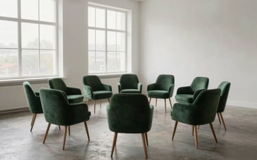 A circle of comfortable chairs in a bright, modern studio. Large windows let in soft light, highlighting a serene atmosphere with misty white walls and professional deep slate green furniture details.