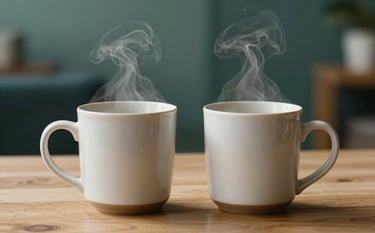 A close-up photograph of two steaming ceramic mugs on a light wood table, symbolizing dialogue. The background is softly blurred with muted teal and deep slate green accents in a calm indoor setting.