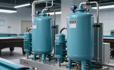 A professional pool machine room with industrial-grade pool pumps, filtration tanks, and PVC piping systems. Modern, clean installation with labels. Lighting is crisp, highlighting the high-quality equipment in shades of #2D728F and steel.