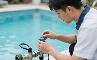 A technician in professional uniform examining a pool filtration system dial. Pristine outdoor pool environment in the background with #A2D9D9 water. Sharp focus on technical expertise and reliable service.