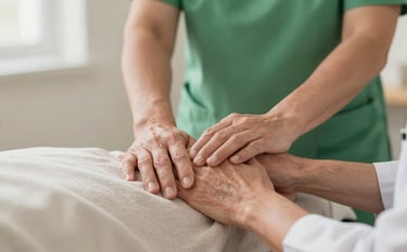 Close-up of a gentle hands-on physiotherapy session with an elderly patient. The lighting is warm and reassuring, showing professional care. Dr. Luciana's hands are visible. Colors include soft greens and off-whites from the brand palette (#4A7C73, #F4F9F8).