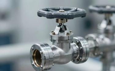 Close-up of a check valve and safety relief valve with chrome finish. Technical engineering style with sharp focus. Shadows and highlights utilize #1A202C and #E0E5ED for a modern industrial look.