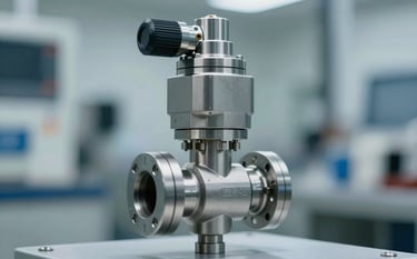 A high-precision industrial control valve with an automated actuator, made of polished stainless steel, in a clean engineering facility. The lighting is crisp, highlighting the mechanical detail and precision. Color palette includes #1A202C and #3C5F7F tones in the metallic reflections.