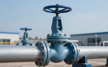 A robust industrial gate valve installed on a large-scale pipeline system. The scene is outdoors at an industrial complex with a blue sky background. The style is professional and authoritative, utilizing #3C5F7F and #8FA6BC colors in the atmosphere.