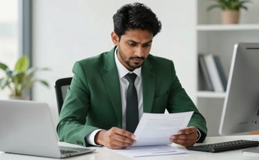 A professional South Asian man in a sharp forest green suit sitting at a white desk in a modern Indian office, carefully reviewing financial documents. The office is bright with natural light and hints of pale green plants.