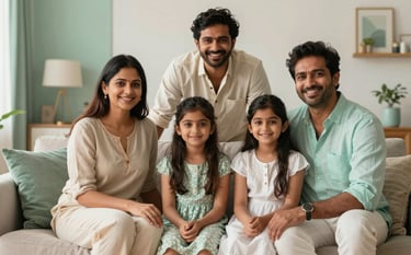 A smiling South Asian family sitting together in a bright, contemporary Indian home living room, symbolizing financial security and peace of mind. The decor features accents of pale green and mint cream.