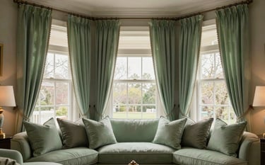 A comprehensive interior view of a luxury North American home where window treatments and soft furnishings are perfectly coordinated. Sage green pillows match the elegant drapes, creating a harmonious and sophisticated atmosphere with warm, inviting lighting.