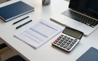A high-angle, professional photograph of a clean, minimalist workspace featuring a laptop, a calculator, and a financial report on a white desk. Soft morning light illuminates the scene, which incorporates accents of midnight blue in the stationery and cool off-white in the furniture, reflecting an organized business environment.