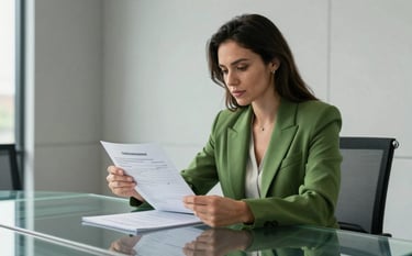A professional business person in a moss green blazer sitting at a glass conference table, reviewing official registration documents and a compliance file. The background is a modern, bright office with slate grey walls and clean lines, creating a trustworthy and business-focused mood.