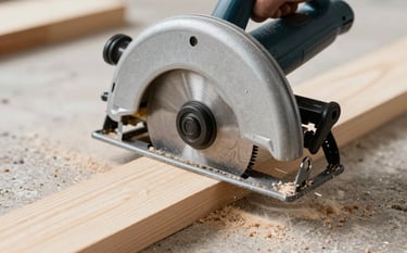 A photograph capturing a circular saw mid-cut through a solid timber plank. Sawdust is frozen in the air with a shallow depth of field. The professional environment includes deep grey and soft off-white elements. The lighting is bright and directional.