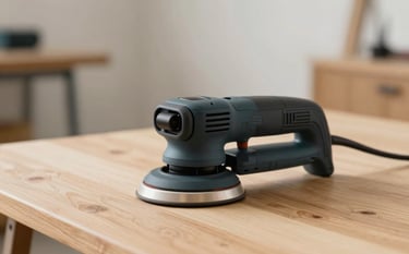 A close-up photograph of a modern orbital sander sitting on a light-colored wooden table. The lighting is soft and natural, emphasizing the matte dark charcoal finish of the tool. The background is a clean, minimalist workshop with soft off-white walls.