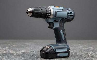A high-quality studio shot of a professional cordless percussion drill. The tool is standing upright on a grey stone surface. The color palette features dark charcoal and pale blue-grey accents. The lighting is crisp, highlighting the metallic texture of the chuck.