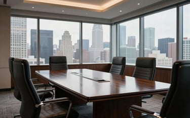 A wide-angle interior photograph of a luxury executive boardroom in New York, featuring a polished dark wood table and high-end ergonomic chairs, with a view of the city skyline through floor-to-ceiling windows, soft morning light, sophisticated and authoritative atmosphere.