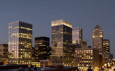 A wide-angle professional photograph of a modern North American financial district at dusk. The building windows glow with warm light, representing commerce and prosperity, with a sky in deep navy and slate grey tones.
