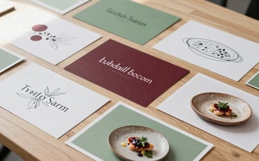 A creative marketing strategy session inside a modern Scandinavian office. Sketches of culinary branding, color palettes of deep crimson and sage green, and organic rustic plating photos are spread across a light pine table, with soft morning light overhead.