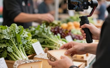 A close-up shot of hands selecting artisan cheeses and fresh leafy greens at a bustling local food market in Scandinavia. In the background, an agency social media manager is filming the interaction using a smartphone mounted on a compact stabilizer. Bright, clean morning light and rich natural tones.
