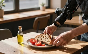 A cozy, Scandinavian-styled cafe interior with light oak tables. A professional content creator carefully styles a plate of fresh organic sourdough bread, heirloom tomatoes, and olive oil, capturing the scene with a high-end camera. Warm afternoon sun beams through a large window, creating a sophisticated and authentic atmosphere.