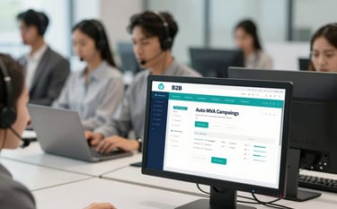 A professional B2B telemarketing operations floor with blurred agents wearing headsets in the background. The foreground focuses on a sleek computer monitor with a data-driven interface using Teal and Navy colors, representing high-performance Auto/MVA campaigns.