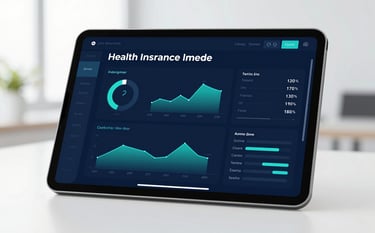 A high-end, modern digital dashboard displayed on a tablet, showing teal and navy blue performance charts for health insurance enrollment. The background is a clean, bright professional office with soft lighting, matching the #FFFFFF and #1A3A52 palette.