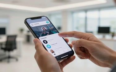 A close-up of hands interacting with a high-resolution mobile screen in a bright, modern North American tech hub. The lighting is natural and airy, highlighting a sleek application interface.