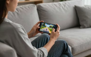 A medium shot of a person sitting on a light gray sofa in a contemporary North American living room, illuminated by the warm glow of a mobile phone screen showing a vibrant game.
