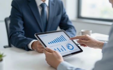 A high-end, modern office setting in Bengaluru with soft natural lighting. A professional consultant is reviewing financial charts on a sleek tablet. The aesthetic is clean and corporate, featuring a color palette of #0A192F and #E8EDF3, emphasizing trust and efficiency.