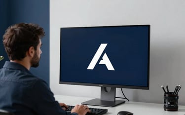 High-end photography of a minimalist design studio in Baghdad. A Middle Eastern professional is reviewing a sleek logo concept on a large monitor. The lighting is soft and cinematic, with dark blue and white accents in the room.