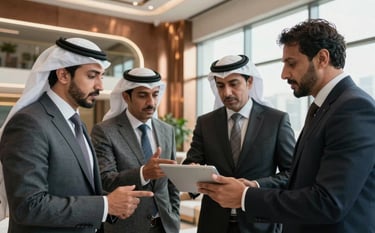 A sophisticated corporate setting in a modern Iraqi office building. A group of Middle Eastern professionals in business attire are discussing digital growth strategies on a tablet. The mood is confident and luxurious with bronze accents.