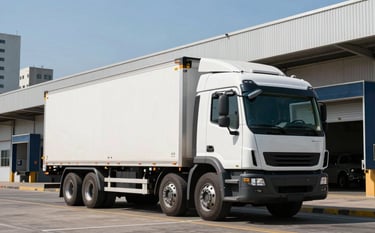 A modern distribution truck parked at a loading dock in a South American city. Industrial architecture, clear blue sky, sharp professional photography emphasizing efficient logistics and secure transport.