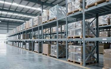 A clean, modern industrial warehouse in a South American logistics park. High-capacity racking systems and organized inventory visible. Professional, bright lighting with a soft blue gray and silver color palette.