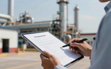 Close-up of a professional in a South American industrial environment reviewing procurement documents on a digital tablet. Background shows soft-focus industrial structures under bright, clear daylight.